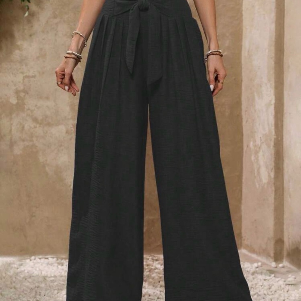 SHEIN Black Wide Leg High-Waist Tie Front Pants